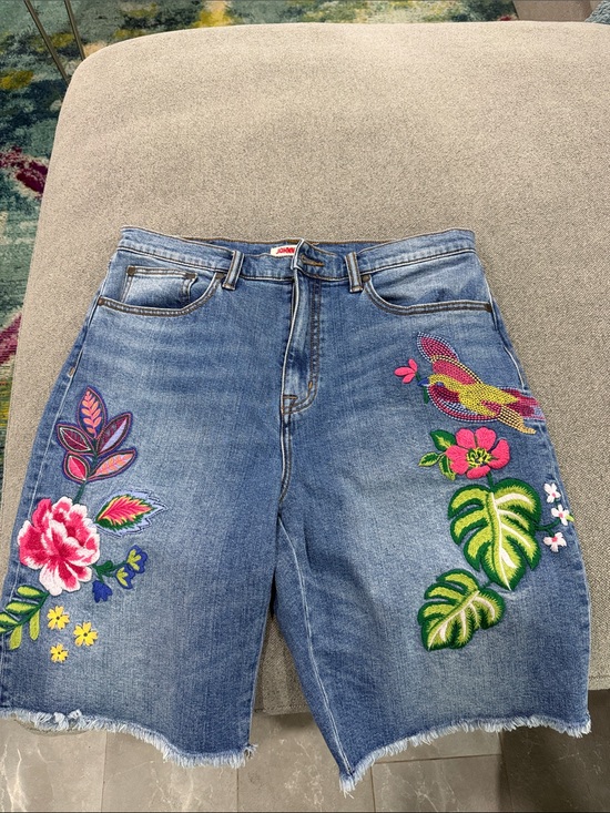 Johnny Was Denim - Johnny Was Denim Boyfriend Shorts with Multicolor Floral & Bird Embroidery